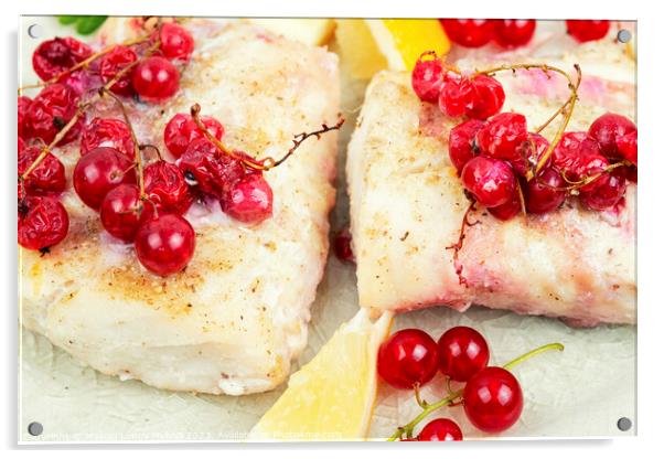 Codfish loin baked with berries, white fish. Acrylic by Mykola Lunov Mykola