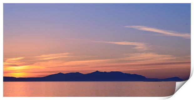 Arran silhouetted at sunset, viewed from Prestwick Print by Allan Durward Photography