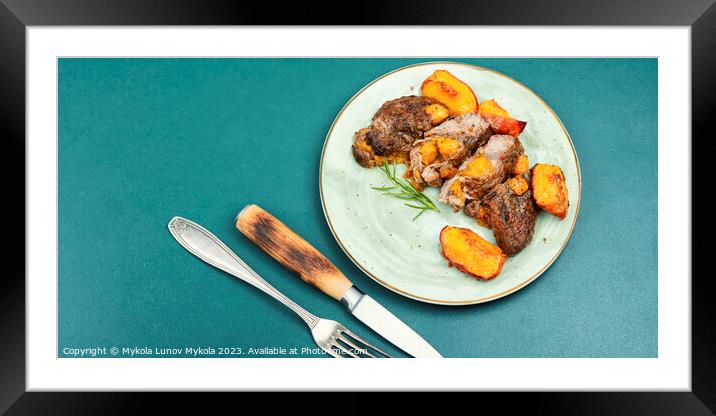 Juicy meat steak with peach. Framed Mounted Print by Mykola Lunov Mykola