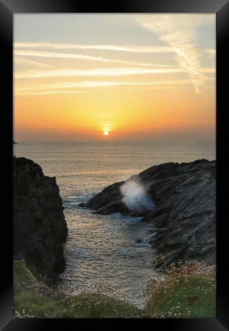 Sunset over Porth headland in cornwall  Framed Print by Tony lopez