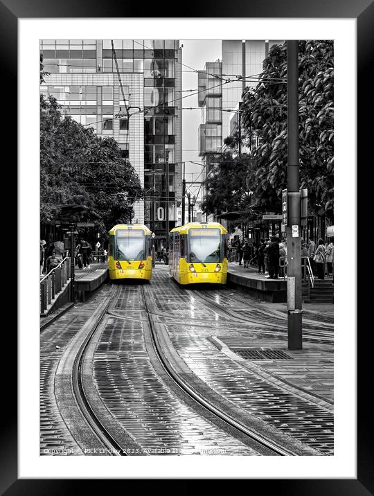 Manchester Trams In The Rain Framed Mounted Print by Rick Lindley