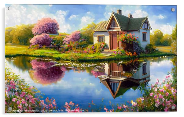 Enchanted Pondside Cottage Acrylic by Mike Shields