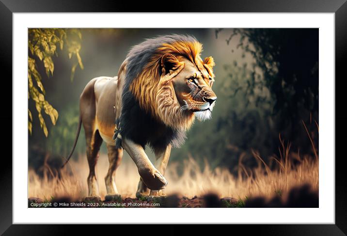 Prowling Savanna King: A Vision in Grass Framed Mounted Print by Mike Shields