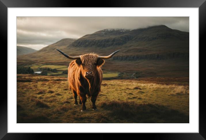 A highland cow standing in a field with a mountain Framed Mounted Print by Guido Parmiggiani