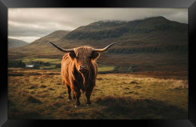A highland cow standing in a field with a mountain Framed Print by Guido Parmiggiani