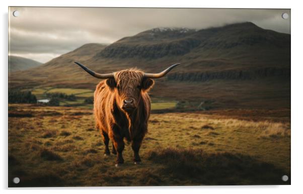 A highland cow standing in a field with a mountain Acrylic by Guido Parmiggiani