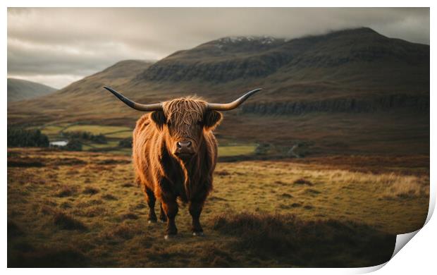 A highland cow standing in a field with a mountain Print by Guido Parmiggiani