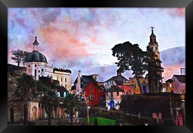 Portmeirion village 2, watercolour effect Framed Print by Paul Boizot