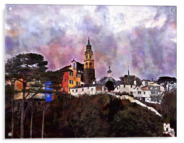 Portmeirion village 3, watercolour effect Acrylic by Paul Boizot