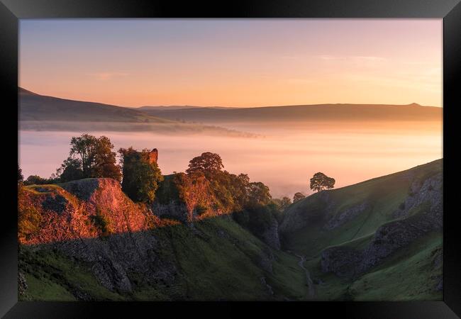Peveril Castle Red sunrise. Peak District Framed Print by John Finney