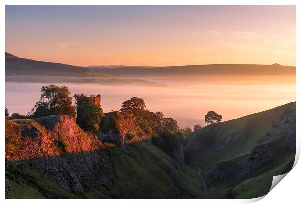 Peveril Castle Red sunrise. Peak District Print by John Finney