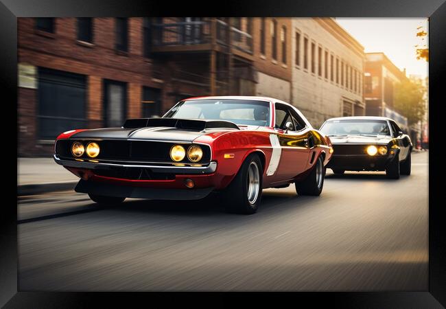 Two musclecars driving a race in a city. Framed Print by Michael Piepgras
