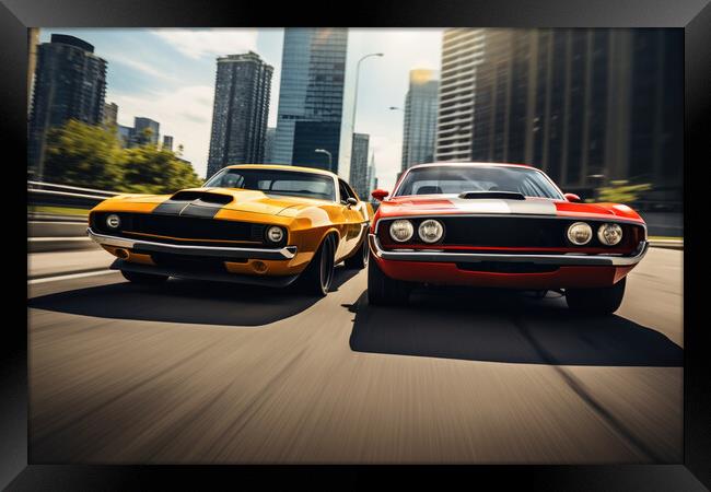 Two musclecars driving a race in a city. Framed Print by Michael Piepgras