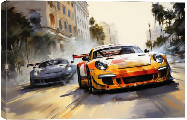 Two musclecars driving a race in a city. Canvas Print by Michael Piepgras