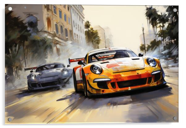 Two musclecars driving a race in a city. Acrylic by Michael Piepgras