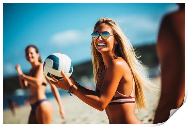 Attractive women playing beach volleyball on a sunny day. Print by Michael Piepgras