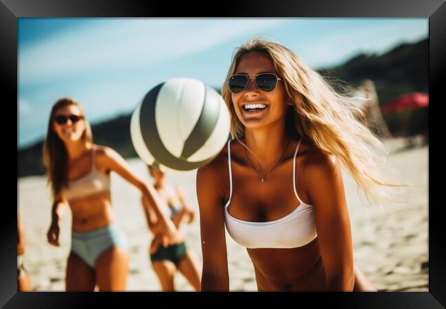 Attractive women playing beach volleyball on a sunny day. Framed Print by Michael Piepgras