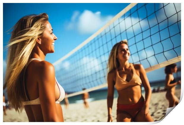 Attractive women playing beach volleyball on a sunny day. Print by Michael Piepgras