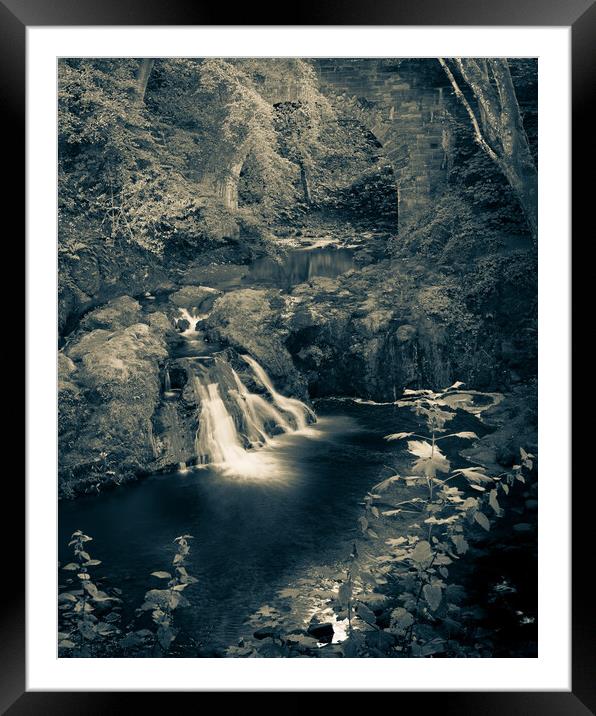 Peaceful Arbirlot Waterfall in Scotland Monochrome Framed Mounted Print by DAVID FRANCIS