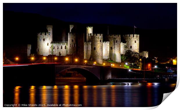 Illuminated Conwy Castle: A Nighttime Spectacle Print by Mike Shields