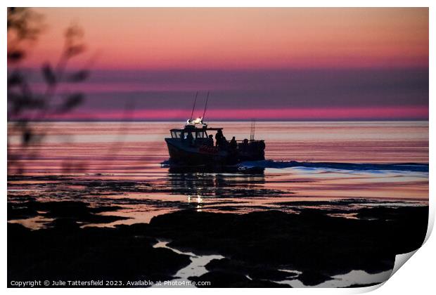 Trailer boat at sunset Print by Julie Tattersfield