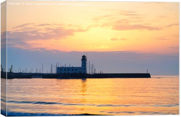 Scarborough Lighthouse at Sunrise Canvas Print by Alison Chambers