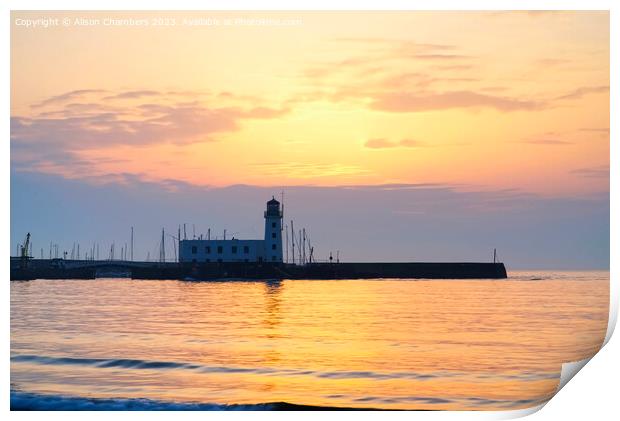 Scarborough Lighthouse at Sunrise Print by Alison Chambers