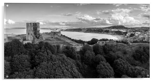 Scarborough Castle Black and White Acrylic by Apollo Aerial Photography