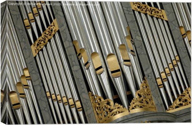 Church organ pipes. Canvas Print by Richard Wareham