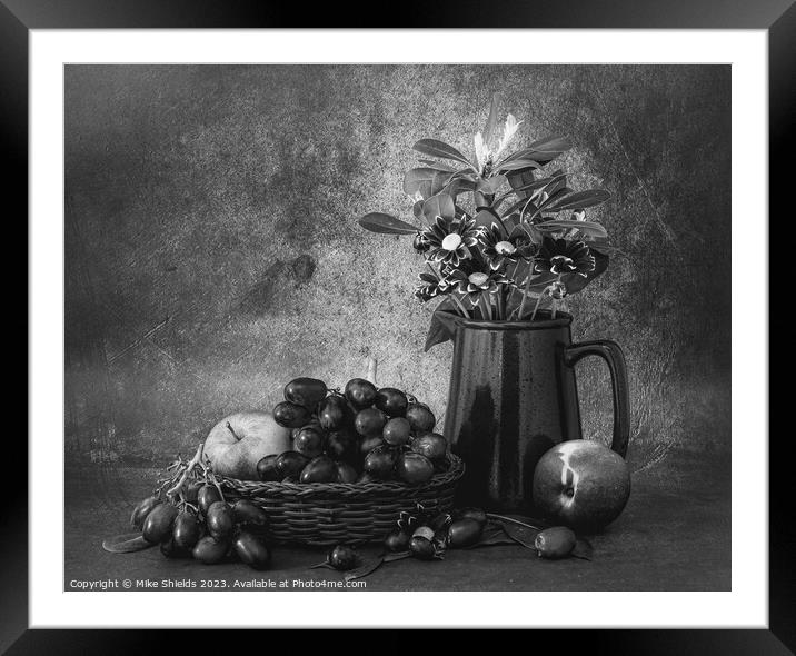 Monochrome Still Life: Fruit and Flowers Framed Mounted Print by Mike Shields
