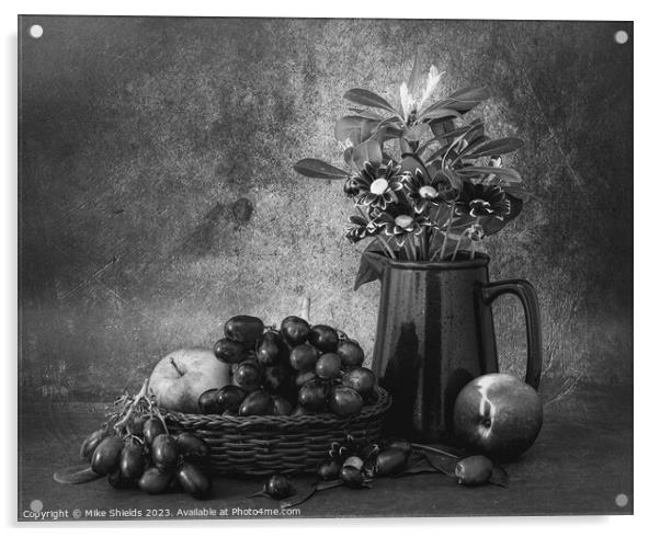 Monochrome Still Life: Fruit and Flowers Acrylic by Mike Shields