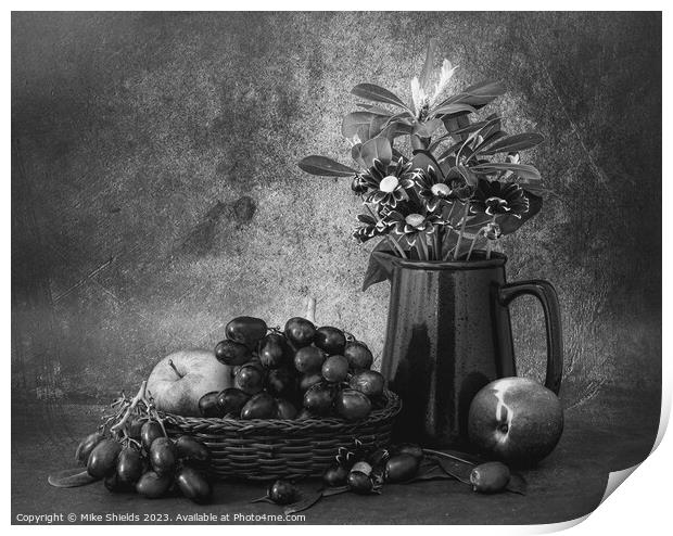 Monochrome Still Life: Fruit and Flowers Print by Mike Shields