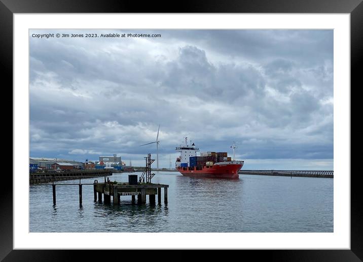 Container ship leaving Port of Blyth Framed Mounted Print by Jim Jones
