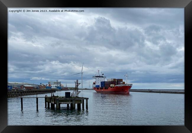 Container ship leaving Port of Blyth Framed Print by Jim Jones