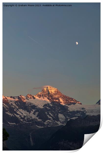 Jungfrau and Moon sunset Print by Graham Moore