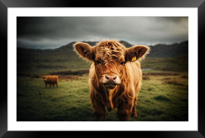 Close-up of a highland baby cow standing above the Framed Mounted Print by Guido Parmiggiani