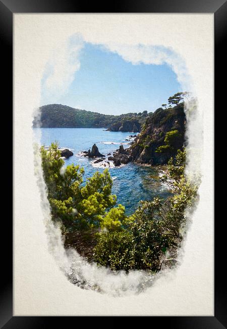 Coastal Beauty: Majestic Mountains, Clear Skies, and Tranquil Water in watercolor Framed Print by youri Mahieu