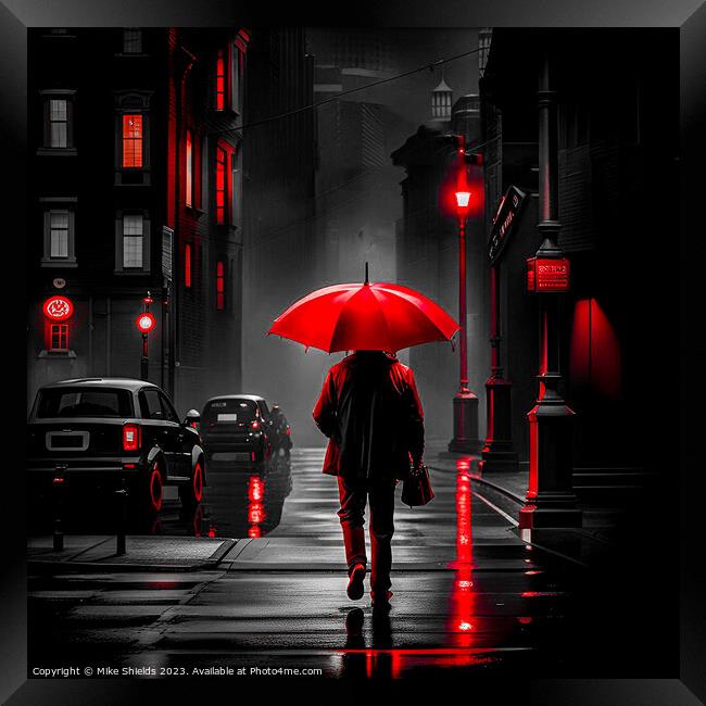 Night Stroll: A Pop of Red Framed Print by Mike Shields