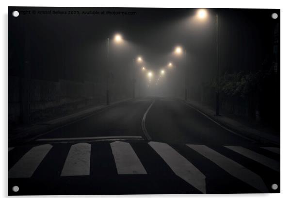 Night shot of a desolate, empty and abandoned city street with streetlights illuminating the road Acrylic by Kristof Bellens