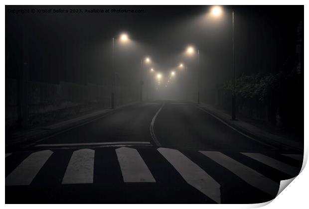 Night shot of a desolate, empty and abandoned city street with streetlights illuminating the road Print by Kristof Bellens