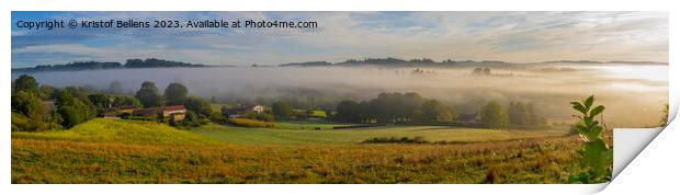 View on a farm and surrounding fields during sunrise on the pilgrimage hike Camino Santiago Print by Kristof Bellens
