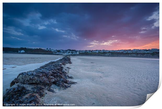 Benllech Beach Fire Sky Print by Angie Morton