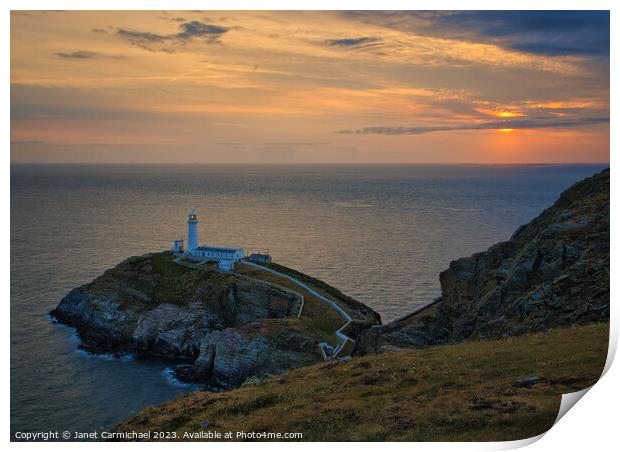 South Stack Lighthouse at Sunset Print by Janet Carmichael