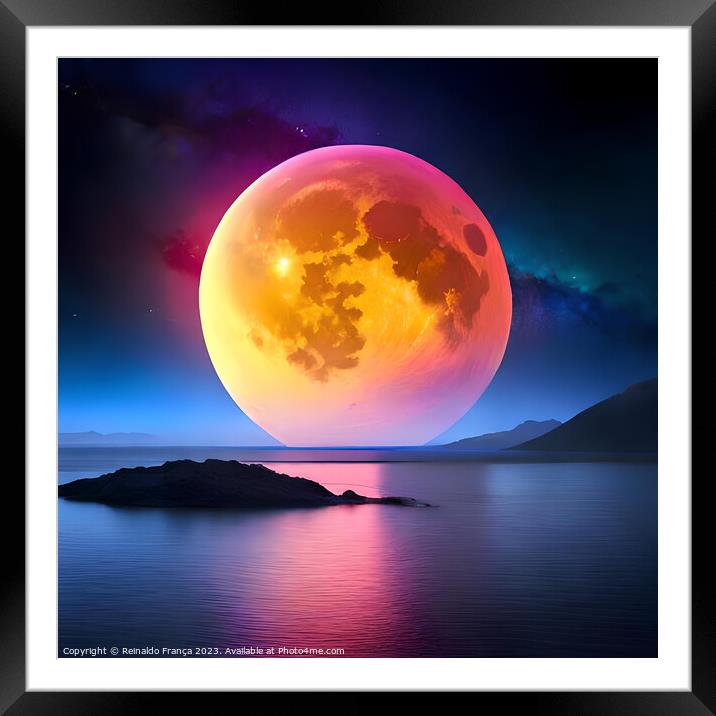 A beautiful multicolored moon over the waters Framed Mounted Print by Reinaldo França