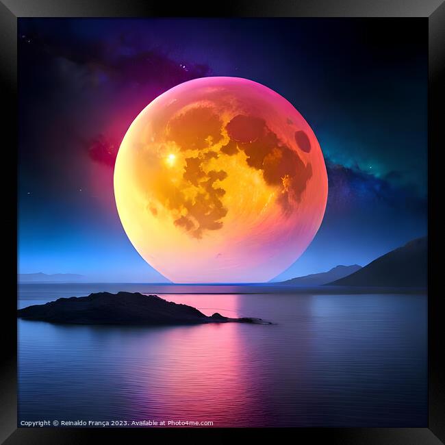A beautiful multicolored moon over the waters Framed Print by Reinaldo França