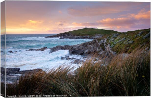 Newquay Towan Headland at Sunset Canvas Print by Ambrosini V