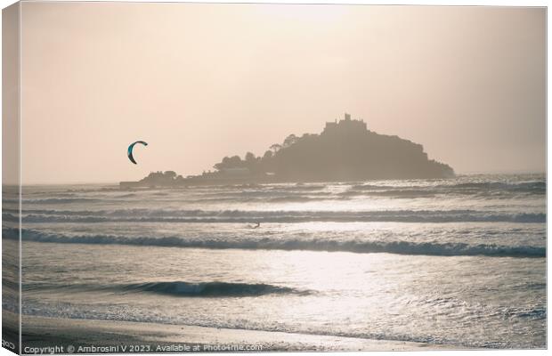 St Michael's Mount kitesurfer at sunset Canvas Print by Ambrosini V