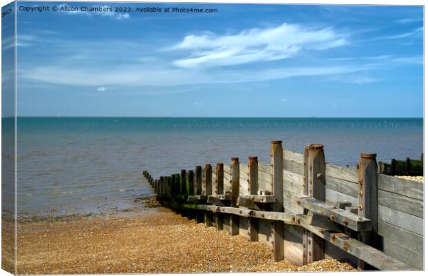 Whitstable Beach and Sea Groynes Canvas Print by Alison Chambers