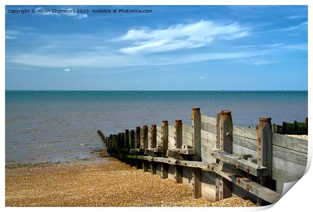Whitstable Beach and Sea Groynes Print by Alison Chambers