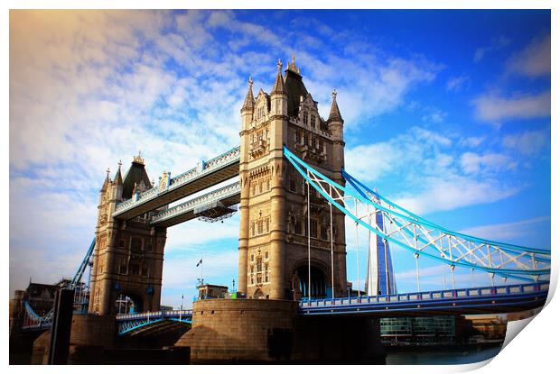 Tower Bridge in London, the UK. Sunset with beautiful clouds. Drawbridge opening. One of English symbols Print by Virginija Vaidakaviciene